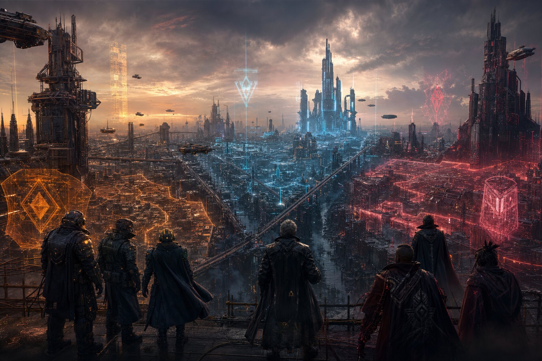 Three rival factions overlooking the divided Betmatch megacity
