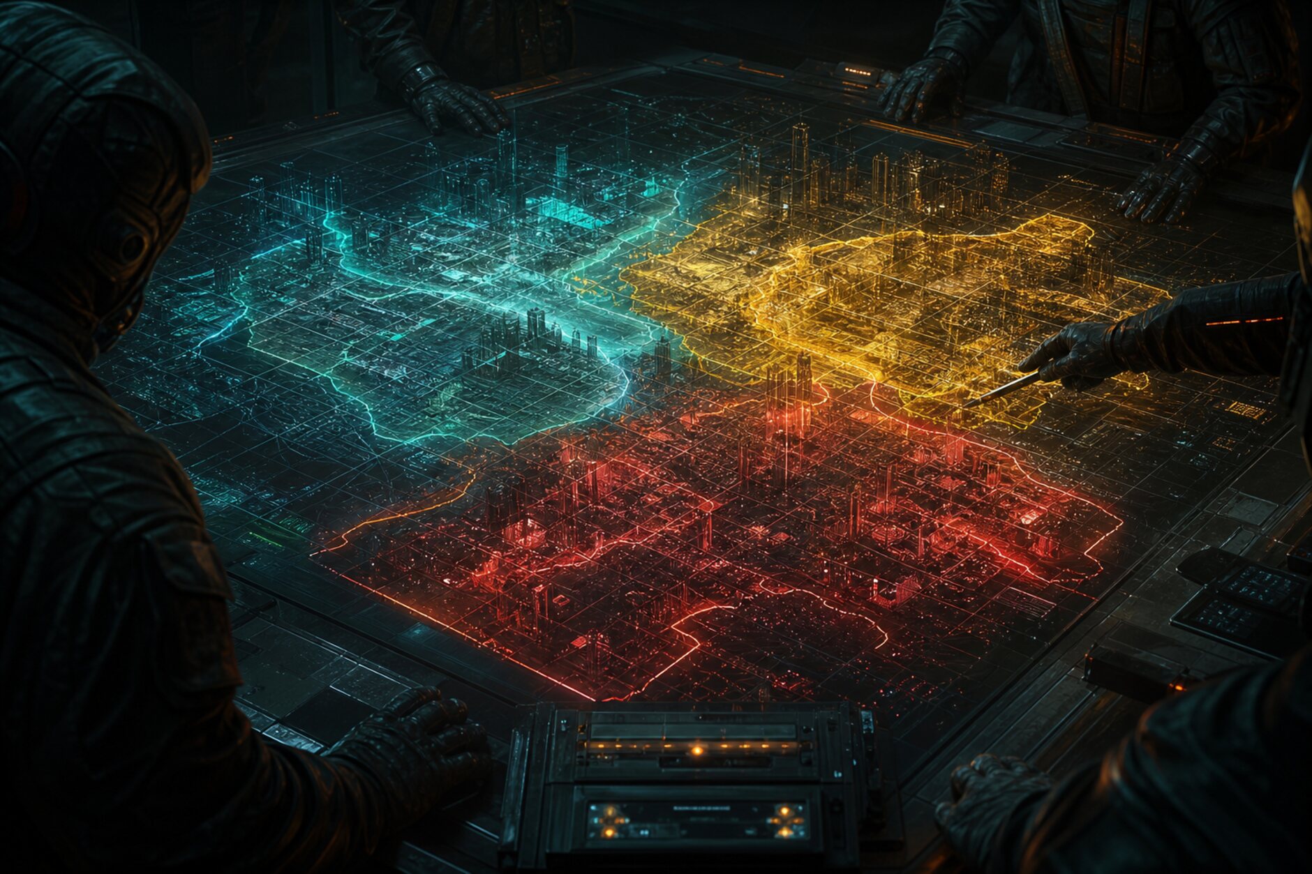 Holographic tactical map of three contested Betmatch territories